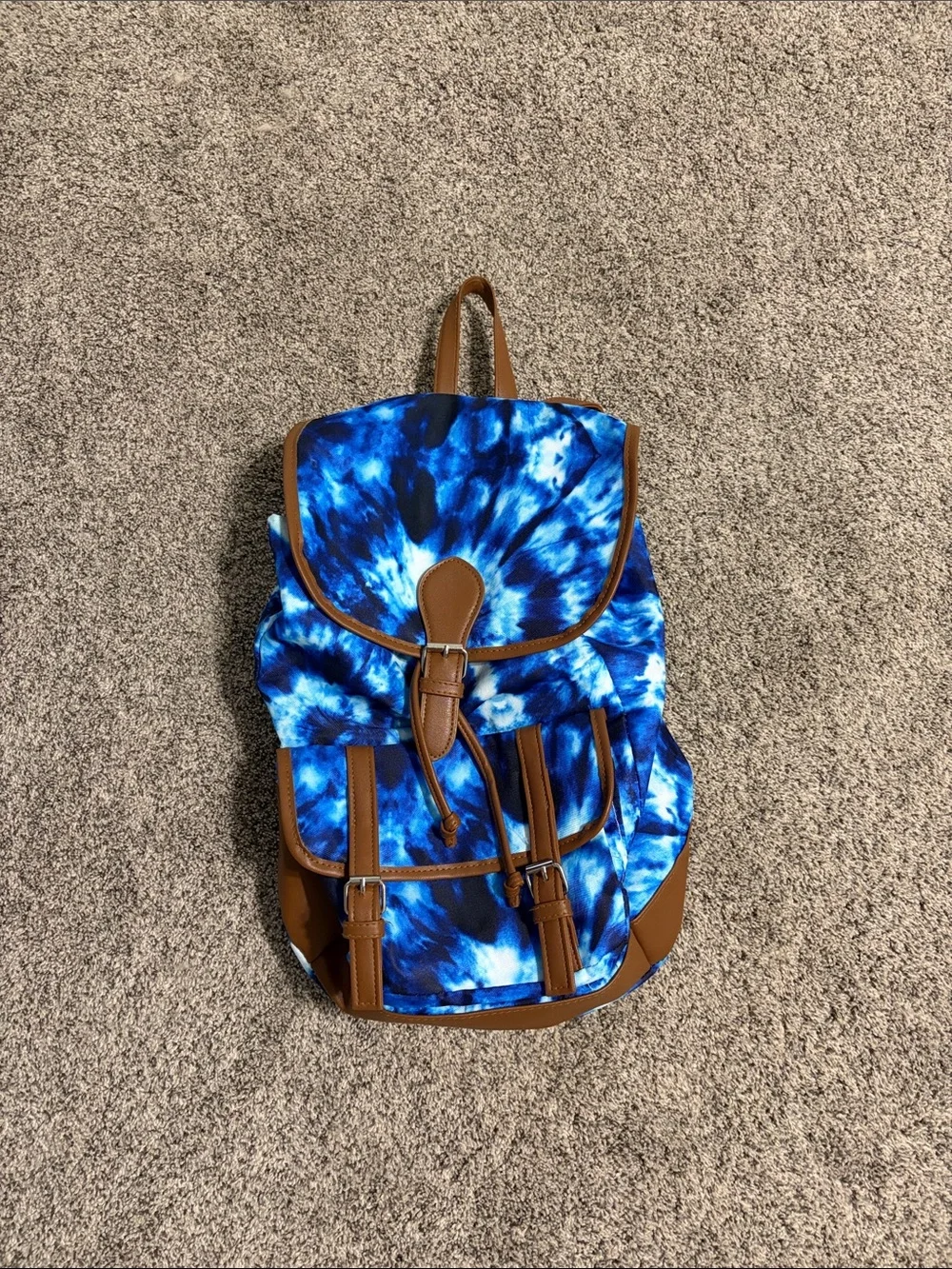 Blue Tie-Dye Canvas Backpack with Brown Trim